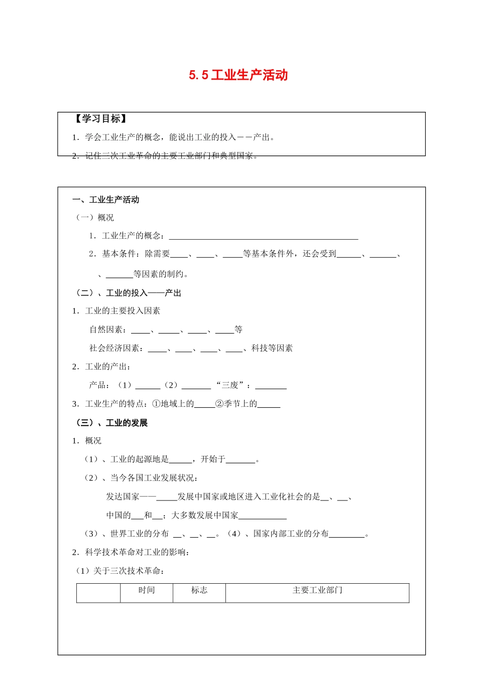 高中地理：5.5 工业生产活动 学案（1）（旧人教版必修下）_第1页