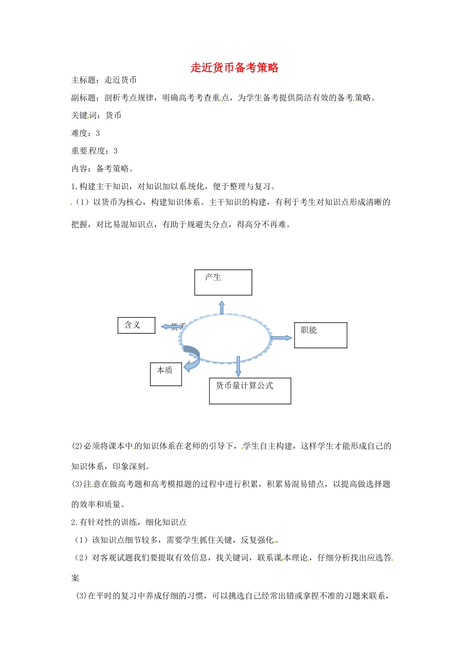 高考政治复习 专题01 生活与消费 走近货币备考策略-人教版高三全册政治素材_第1页