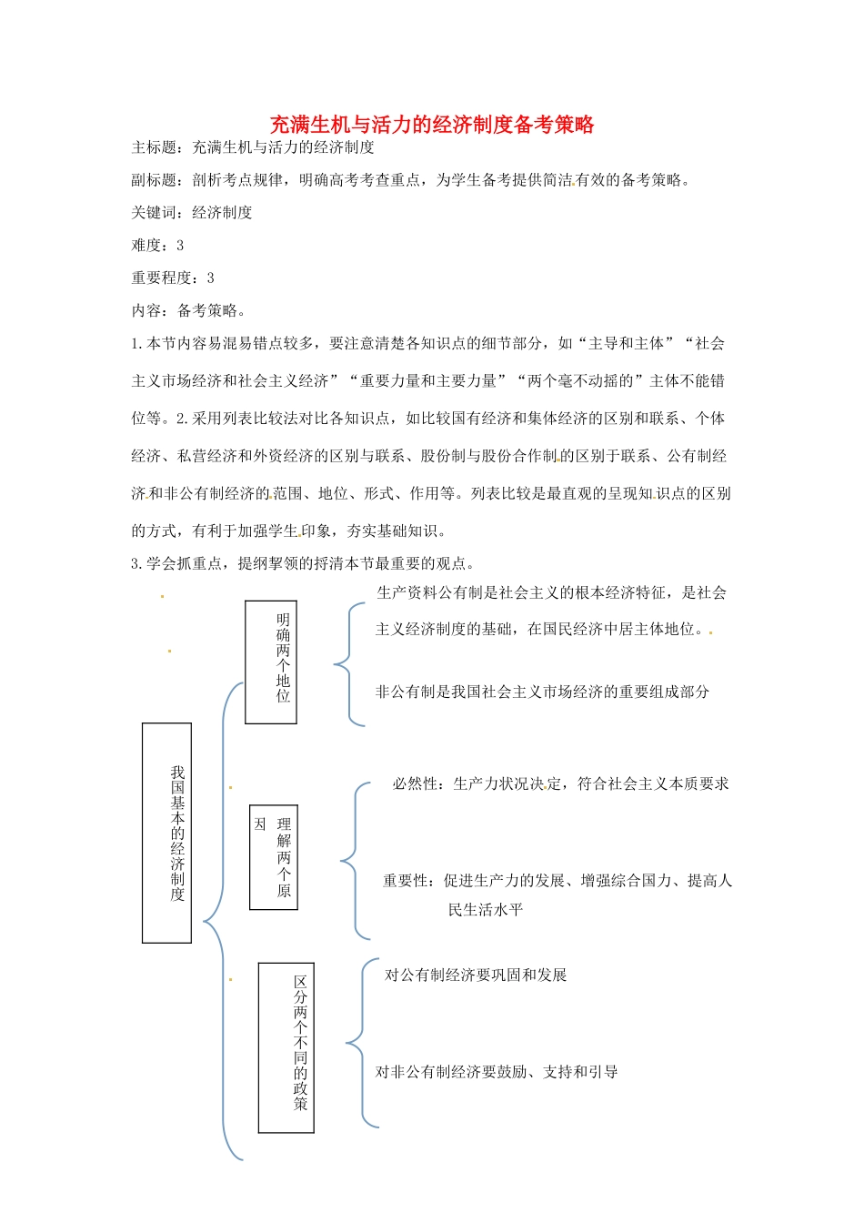 高考政治复习 专题02 生产、劳动与经营 充满生机与活力的经济制度备考策略-人教版高三全册政治素材_第1页