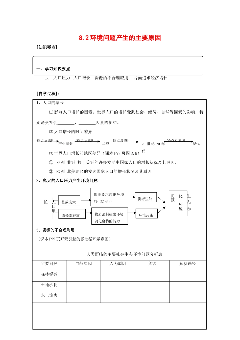 高中地理：8.2 环境问题产生的主要原因 学案（旧人教版必修下）_第1页