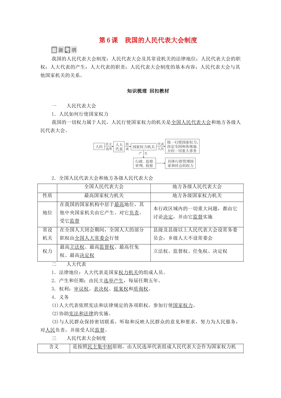 高考政治一轮复习 模块2 政治生活 第3单元 发展社会主义民主政治 第6课 我国的人民代表大会制度教学案-人教版高三全册政治教学案_第1页