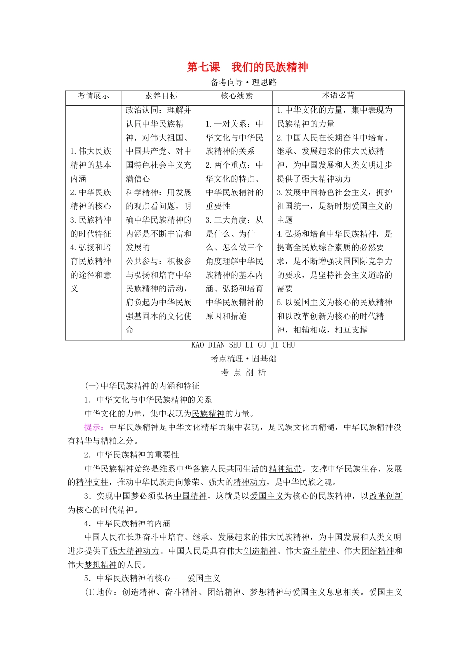 高考政治一轮复习 第三单元 中华文化与民族精神 第七课 我们的民族精神学案 新人教版必修3-新人教版高三必修3政治学案_第1页