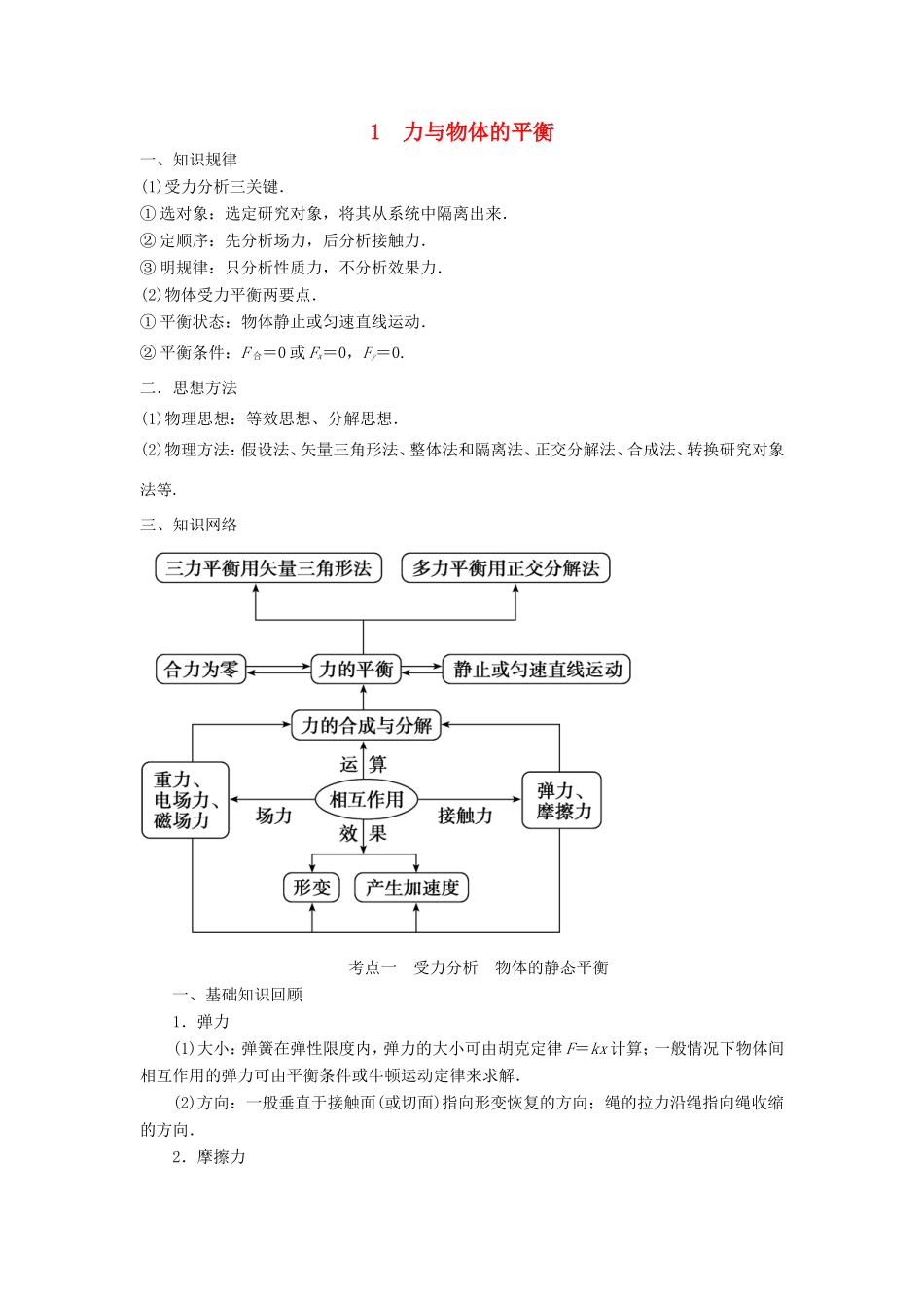 高考物理二轮复习 专题 力与物体的平衡 1 受力分析 物体的静态平衡学案-人教版高三全册物理学案_第1页