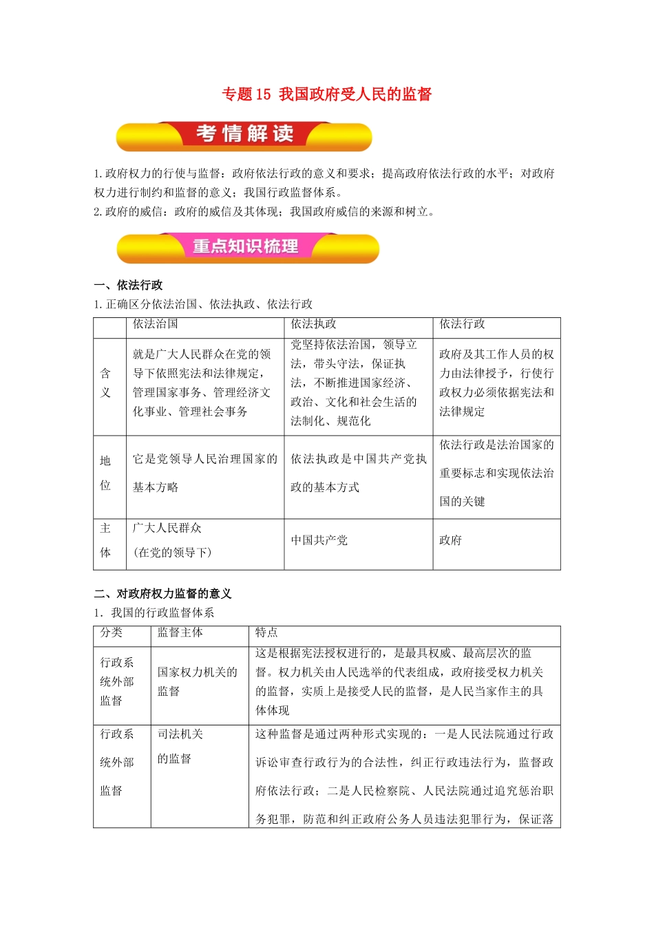 高考政治一轮复习 专题15 我国政府受人民的监督（教学案）（含解析）-人教版高三全册政治教学案_第1页