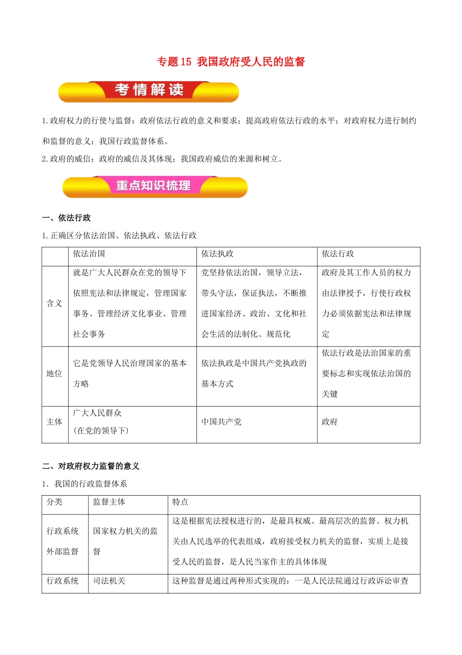 高考政治一轮复习 专题15 我国政府受人民的监督（教学案）-人教版高三全册政治教学案_第1页