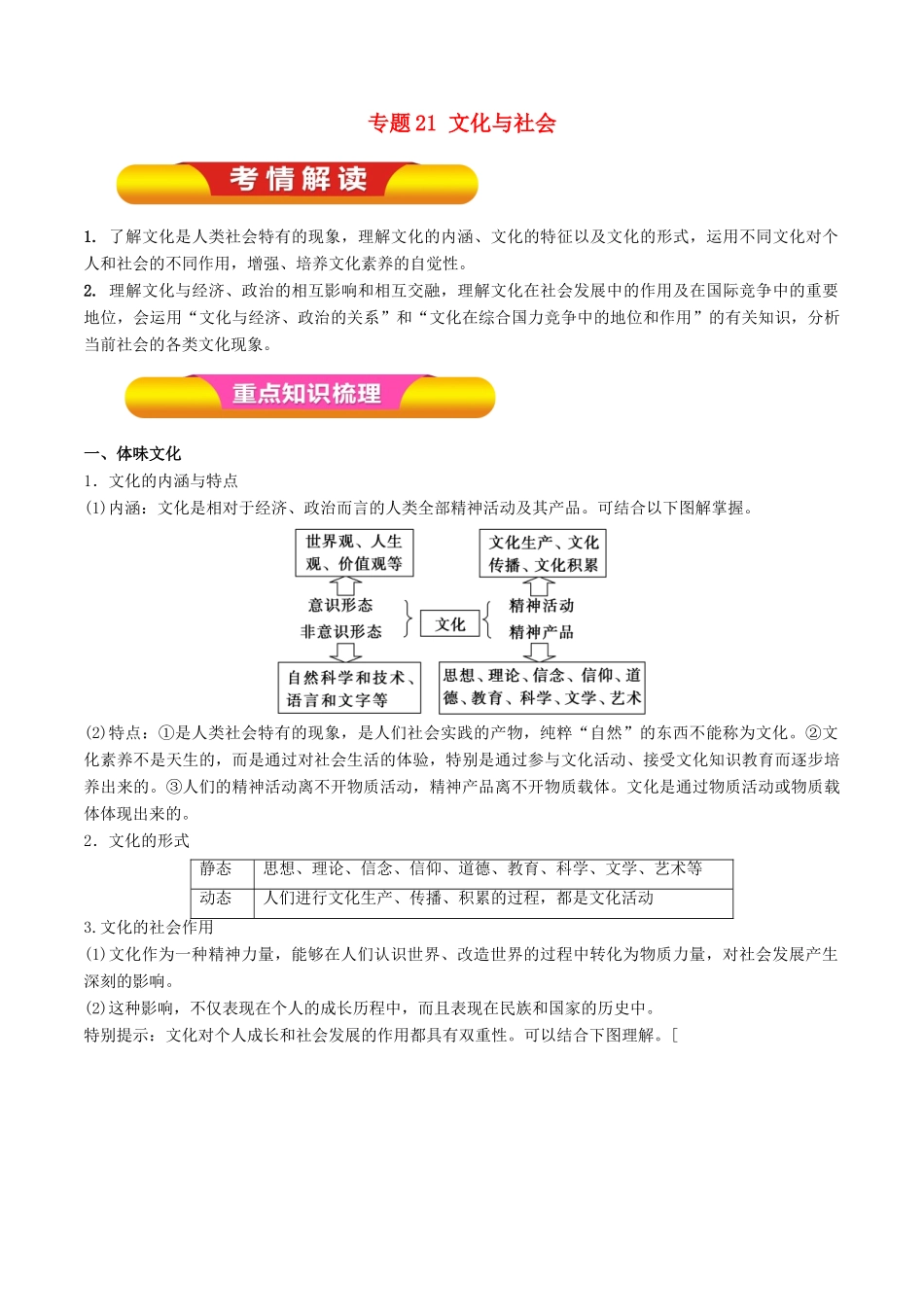 高考政治一轮复习 专题21 文化与社会（教学案）-人教版高三全册政治教学案_第1页