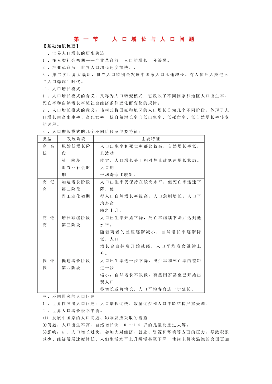 高中地理：第一单元《人口与地理环境》复习学案-1（鲁教版必修2）_第1页