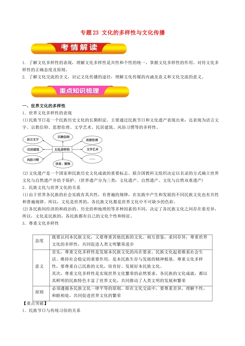 高考政治一轮复习 专题23 文化的多样性与文化传播（教学案）-人教版高三全册政治教学案_第1页
