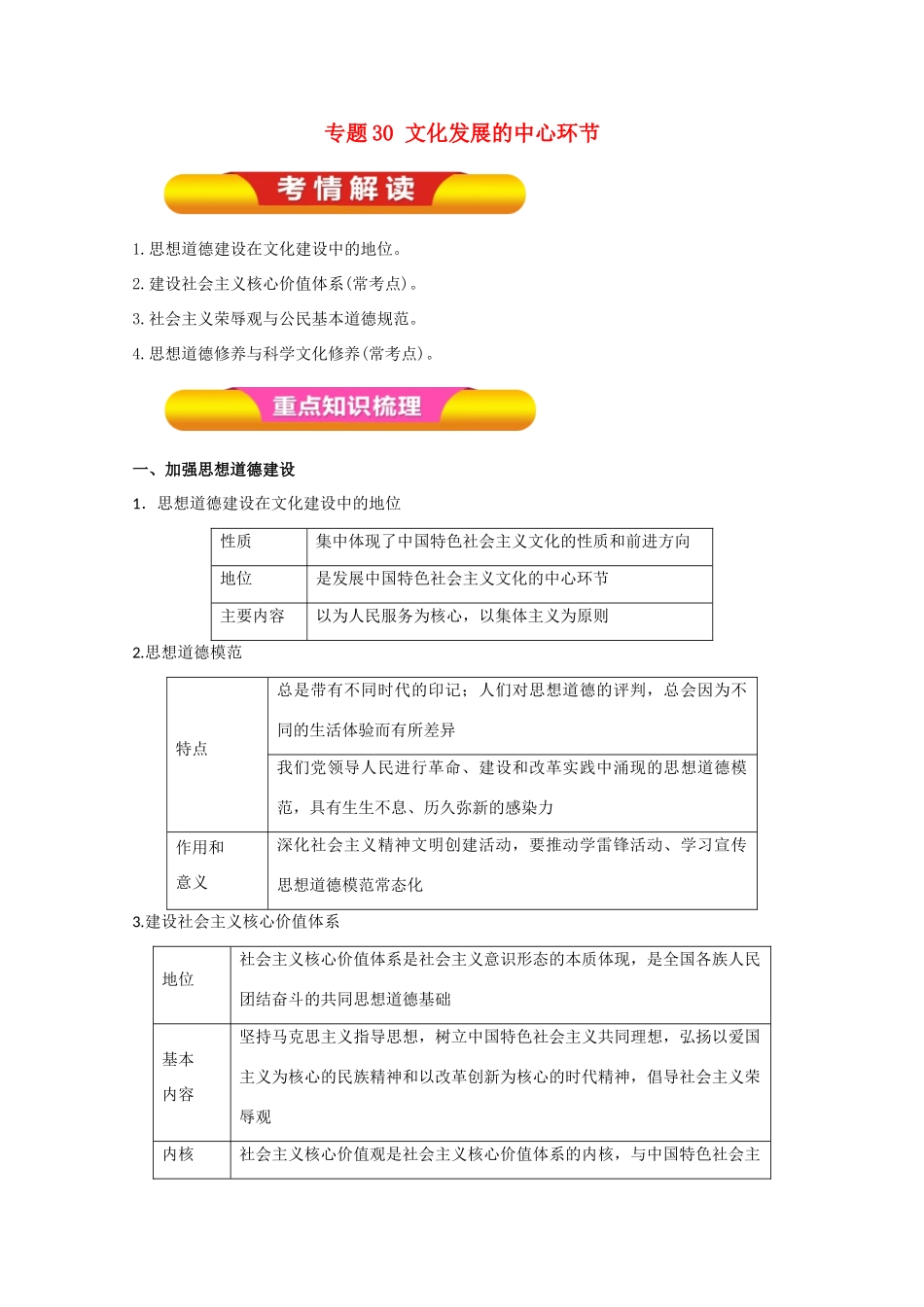 高考政治一轮复习 专题30 文化发展的中心环节（教学案）（含解析）-人教版高三全册政治教学案_第1页