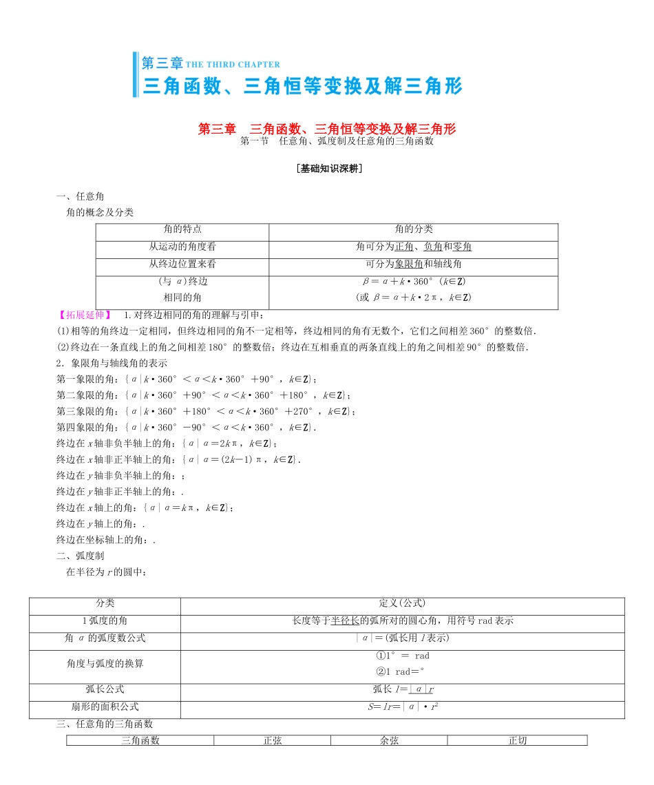 高考总动员高考数学大一轮复习 第3章 三角函数学案 文 新人教版-新人教版高三全册数学学案_第1页