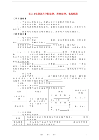 高考物理一轮复习 1.1 电荷及其守恒定律、库仑定律、电场强度学案 新人教版选修3-1