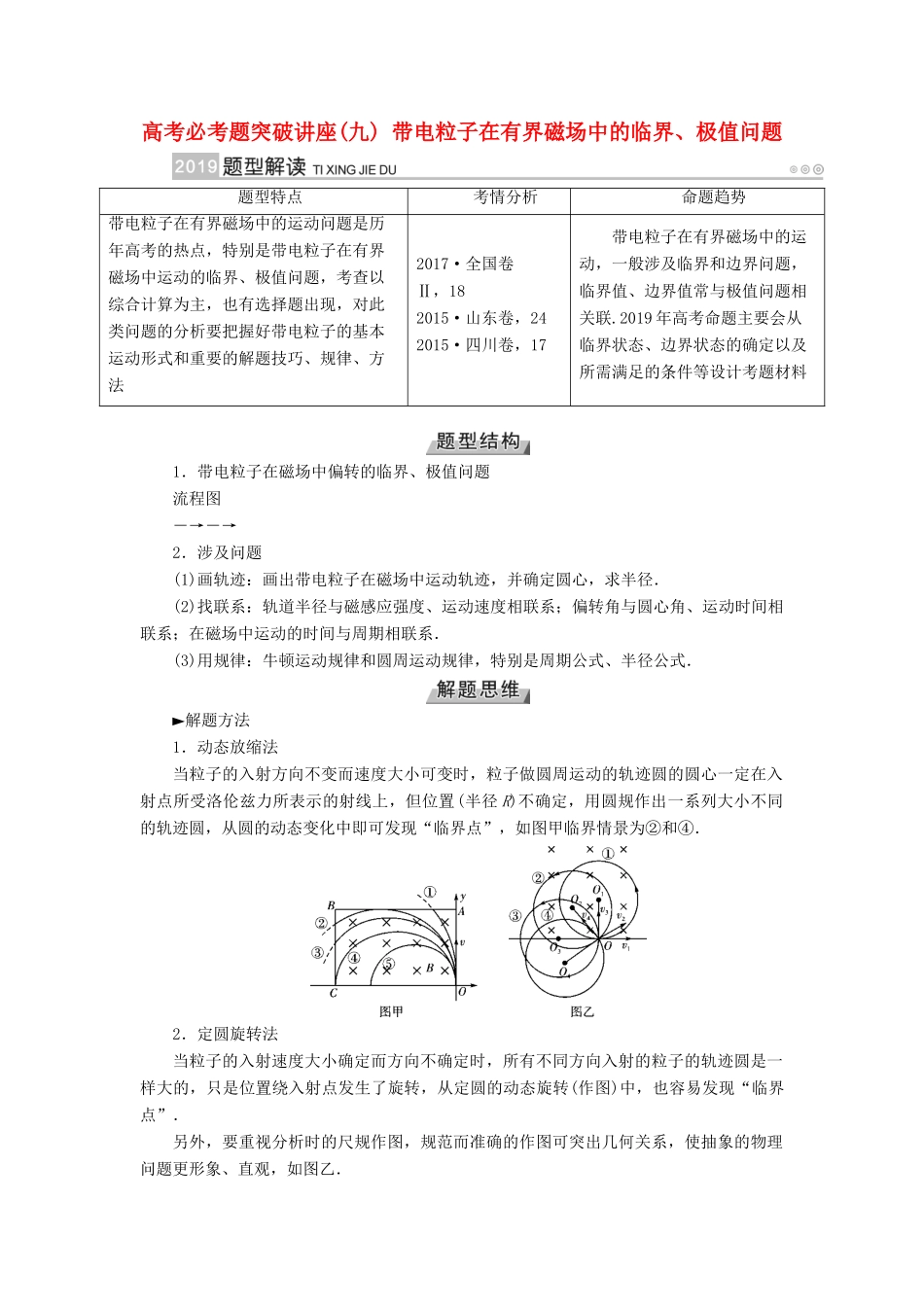 高考物理一轮复习 培优计划 高考必考题突破讲座（9）带电粒子在有界磁场中的临界、极值问题学案-人教版高三全册物理学案_第1页