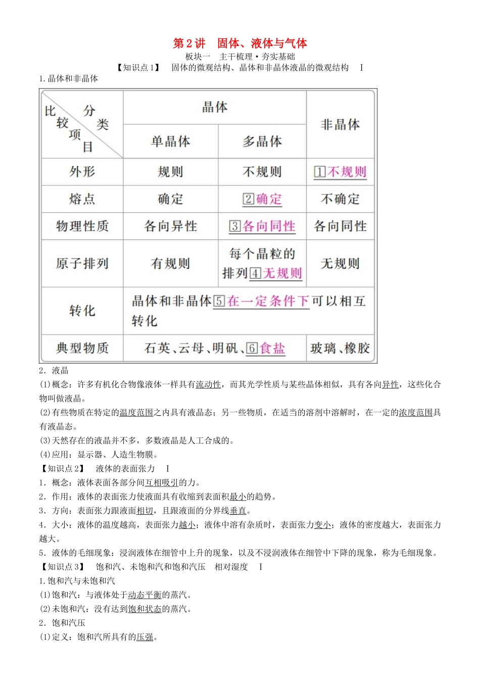 高考物理一轮复习 第十四章 热学 第2讲 固体、液体与气体学案-人教版高三全册物理学案_第1页
