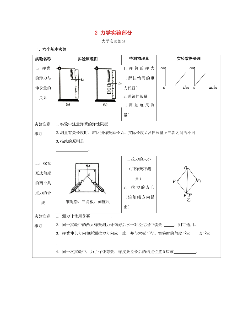 高考物理二轮复习 记背材料2 力学实验部分学案-人教版高三全册物理学案_第1页
