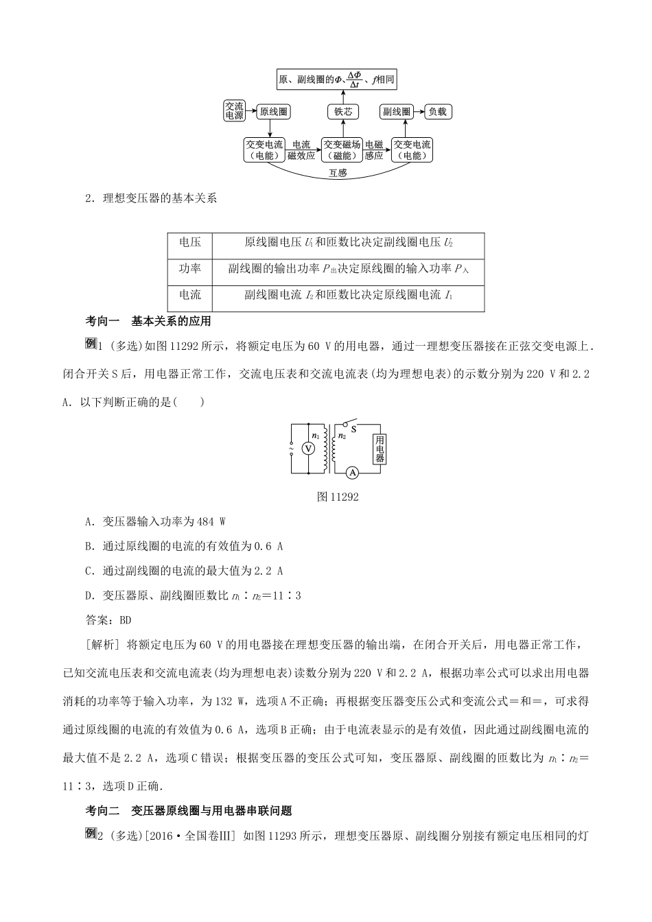 高考物理一轮复习 第十一章 交变电流  传感器 第2讲 变压器 远距离输电教学案（含解析）-人教版高三全册物理教学案_第2页