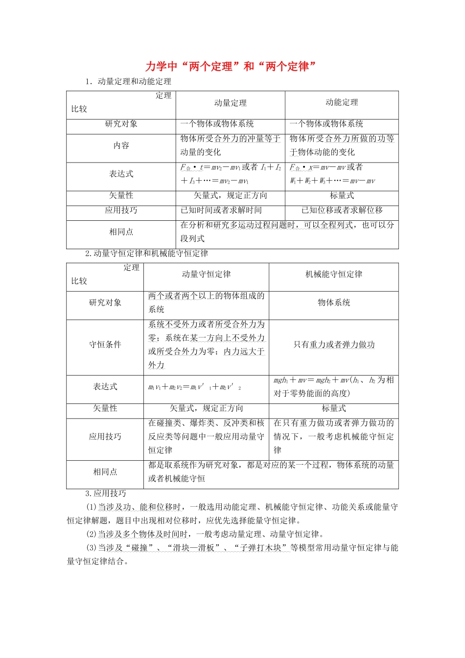 高考物理二轮复习 知识回顾篇 知识3 力学中“两个定理”和“两个定律”学案-人教版高三全册物理学案_第1页