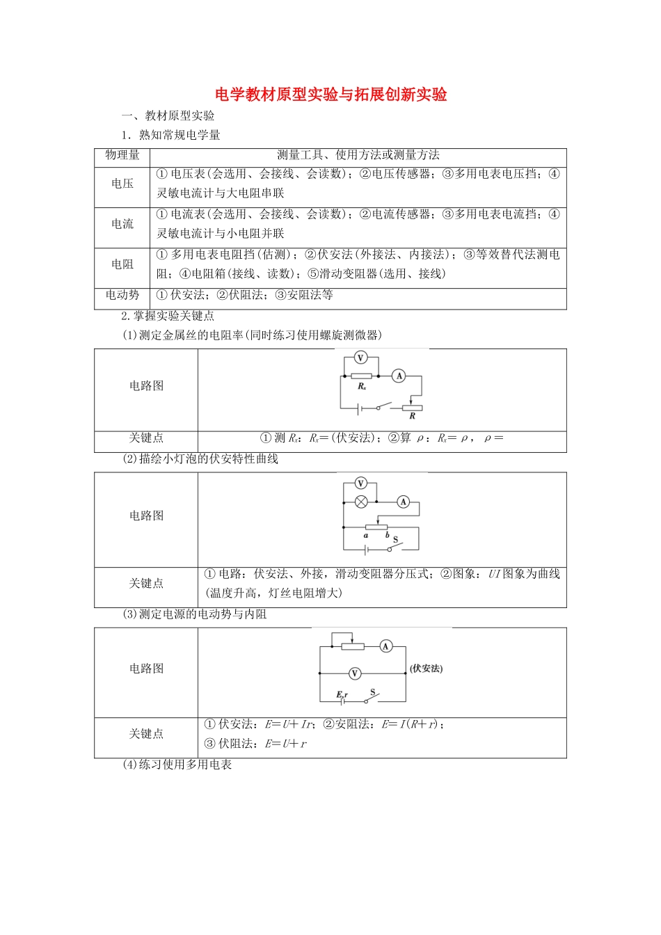 高考物理二轮复习 知识回顾篇 知识7 电学教材原型实验与拓展创新实验学案-人教版高三全册物理学案_第1页