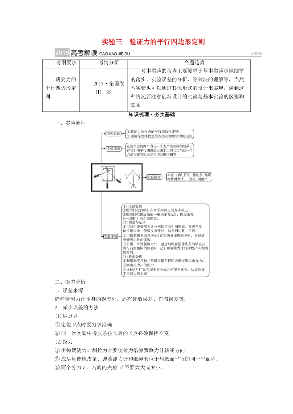 高考物理一轮复习 实验增分 专题3 验证力的平行四边形定则学案-人教版高三全册物理学案_第1页