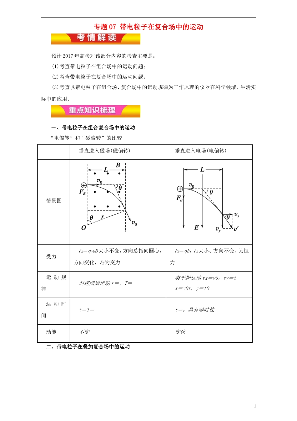 高考物理二轮复习 专题07 带电粒子在复合场中的运动教学案（含解析）-人教版高三全册物理教学案_第1页