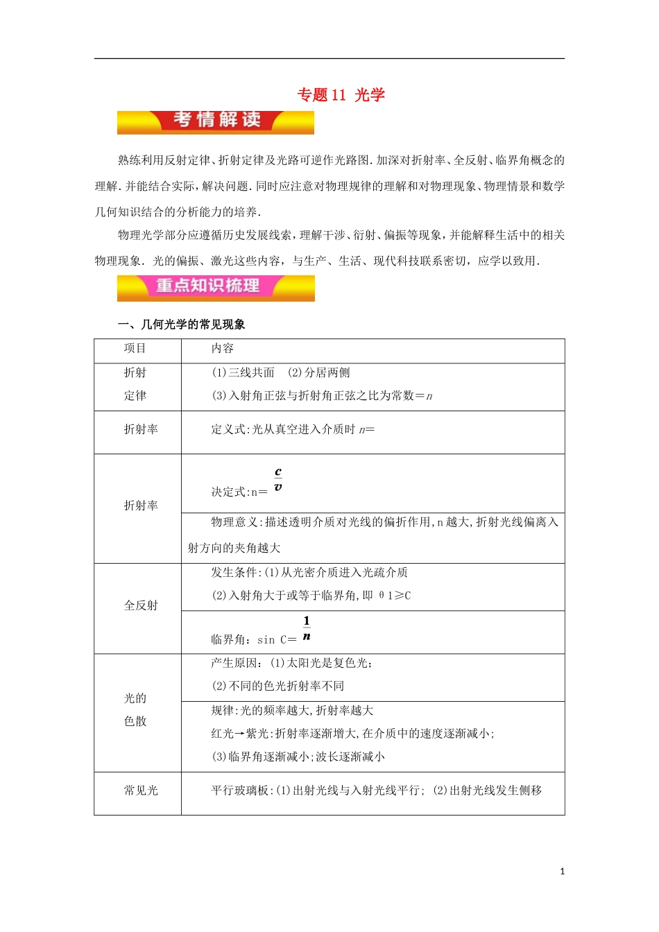 高考物理二轮复习 专题11 光学教学案（含解析）-人教版高三全册物理教学案_第1页