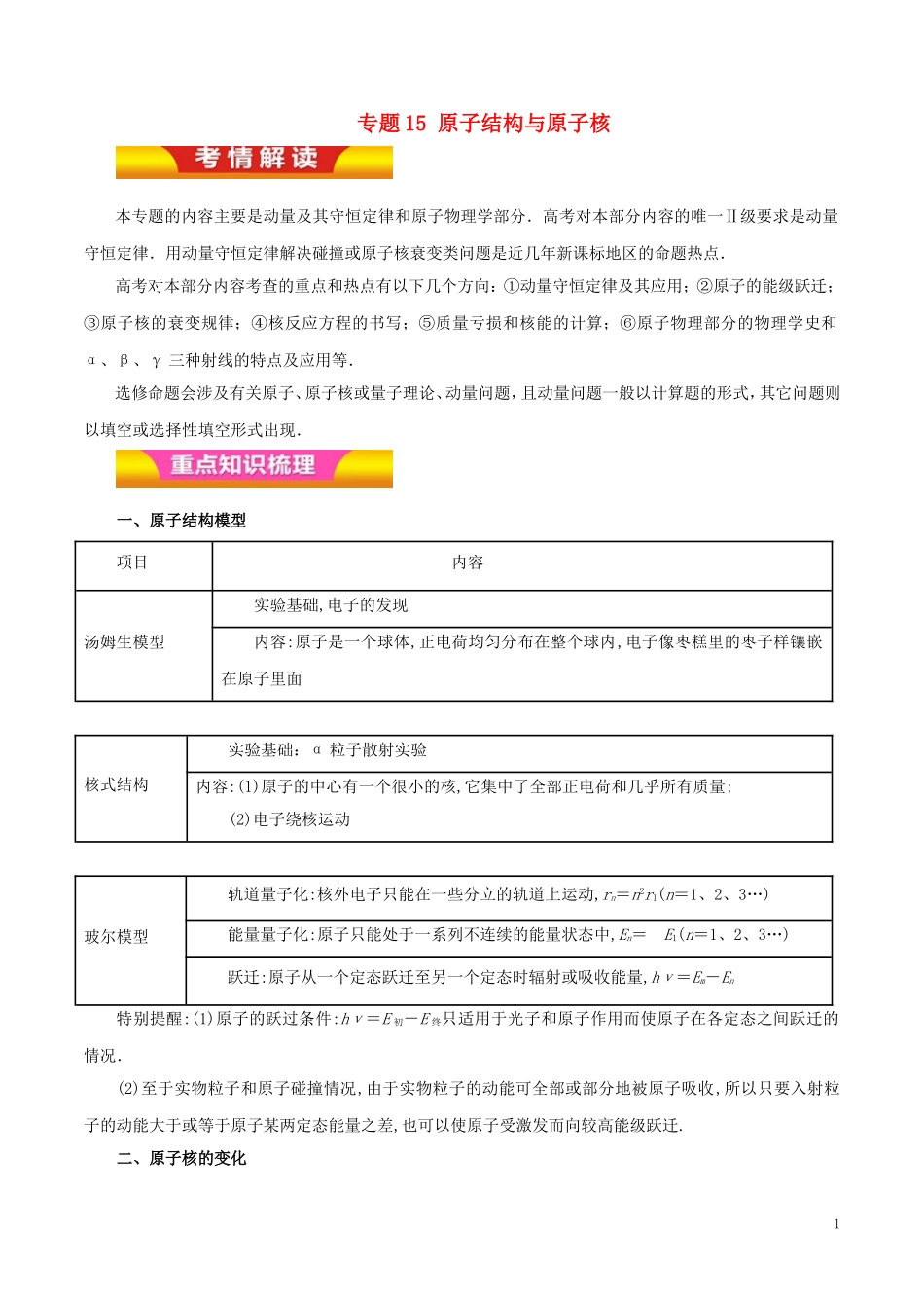 高考物理二轮复习 专题15 原子结构与原子核教学案（含解析）-人教版高三全册物理教学案_第1页