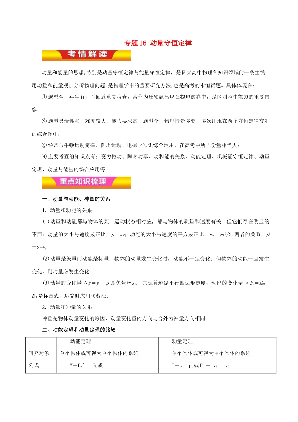 高考物理二轮复习 专题16 动量守恒定律讲学案-人教版高三全册物理学案_第1页