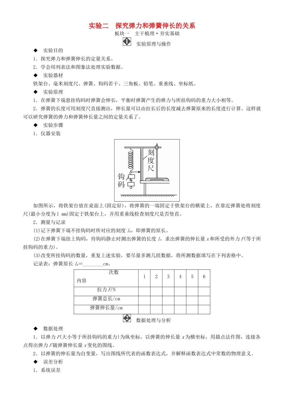 高考物理一轮复习 第二章 相互作用 实验二 探究弹力和弹簧伸长的关系学案-人教版高三全册物理学案_第1页