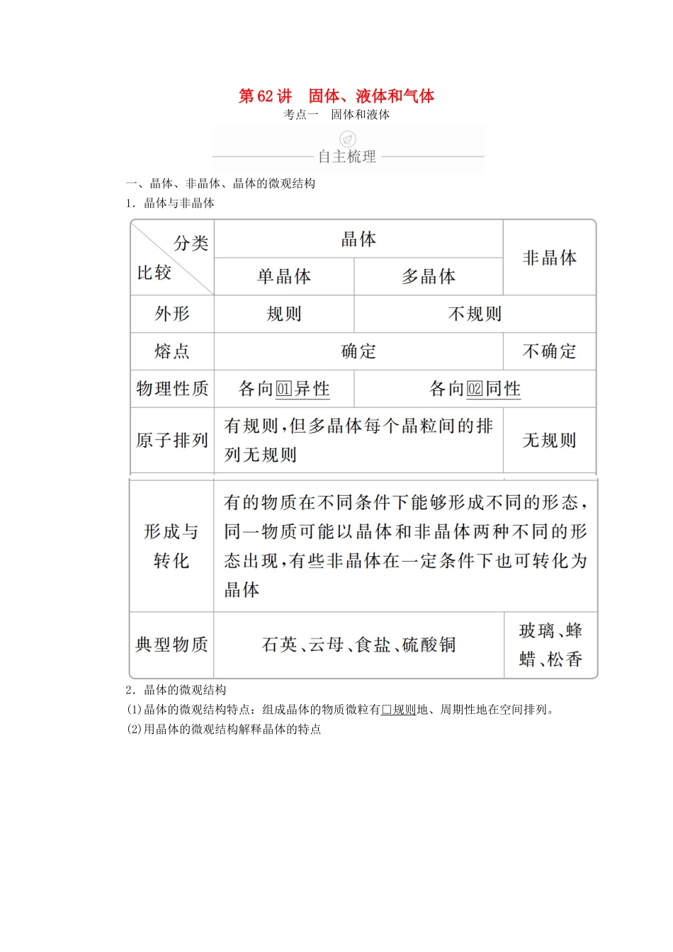 高考物理一轮复习 第14章 第62讲 固体、液体和气体学案（含解析）（选修3-3）-人教版高三选修3-3物理学案_第1页