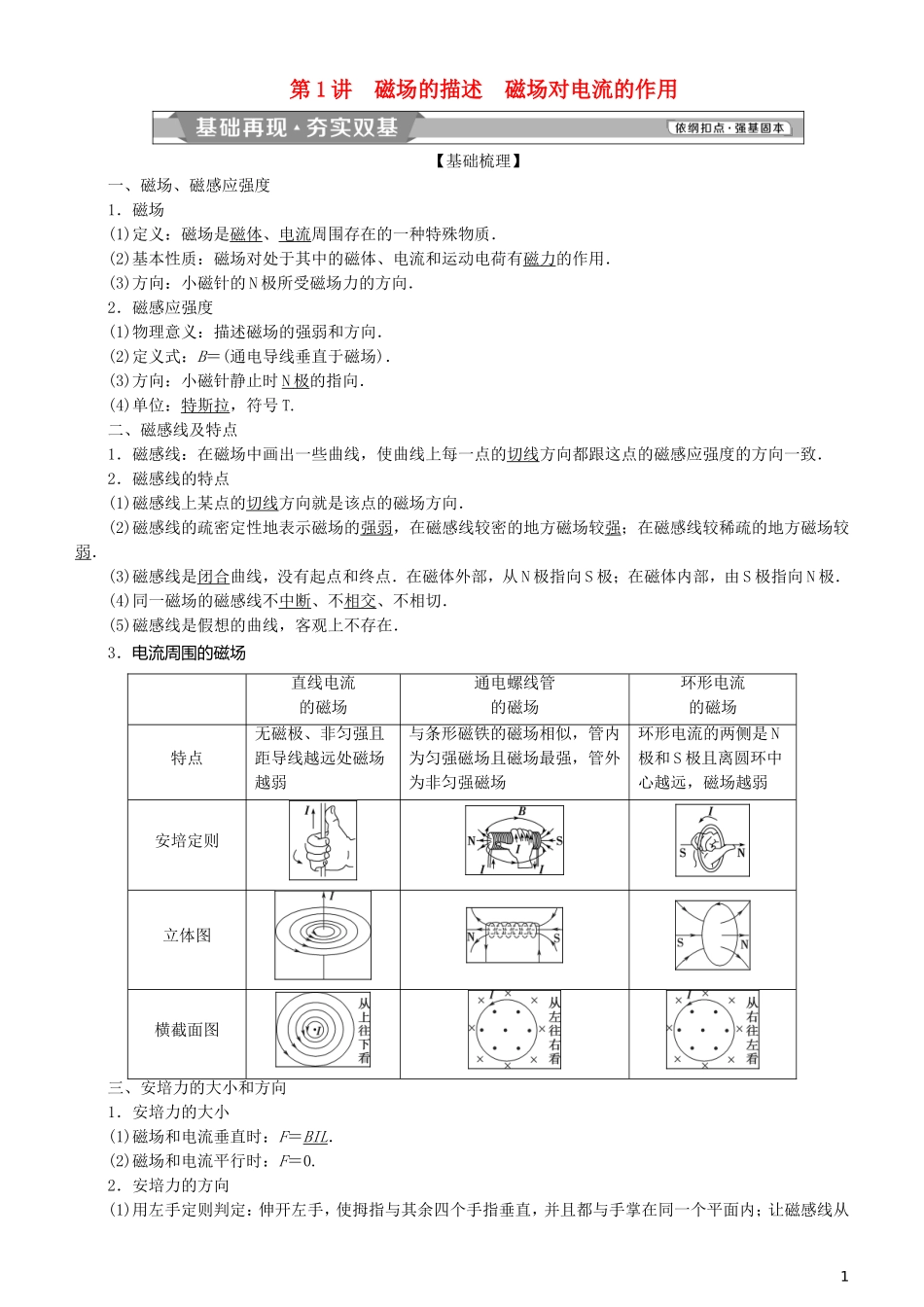 高考物理一轮复习 第九章 磁场 第1讲 磁场的描述 磁场对电流的作用学案-人教版高三全册物理学案_第1页