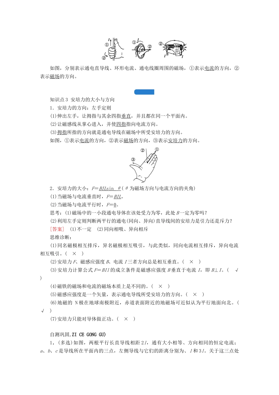 高考物理一轮复习 第九章 磁场 第1讲 磁场及其对电流的作用学案 新人教版-新人教版高三全册物理学案_第2页