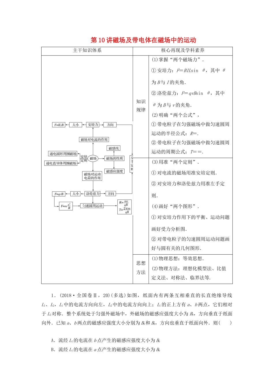 高考物理二轮复习 专题三 电场与磁场 第10讲 磁场及带电体在磁场中的运动学案-人教版高三全册物理学案_第1页