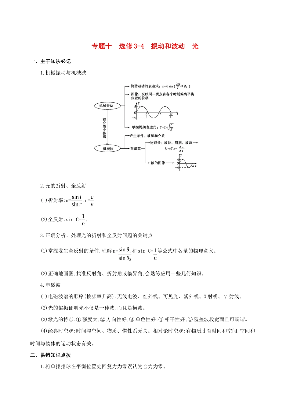 高考物理二轮复习 专题十 选修3-4 振动和波动 光学案-人教版高三选修3-4物理学案_第1页