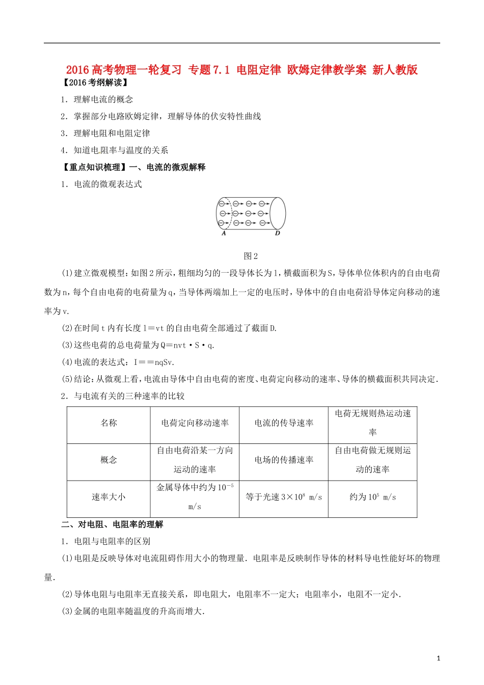 高考物理一轮复习 专题7.1 电阻定律 欧姆定律教学案 新人教版-新人教版高三全册物理教学案_第1页