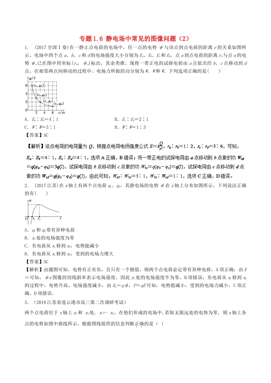 高考物理一轮复习 热点题型 专题1.6 静电场中常见的图像问题（2）学案-人教版高三全册物理学案_第1页