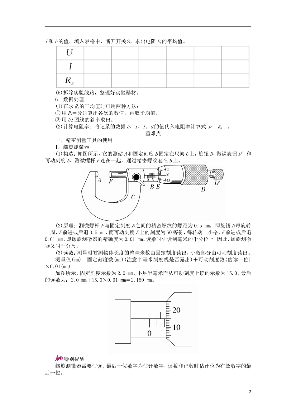 高考物理一轮复习 专题十二 实验与探究 考点二 电学实验 实验七 测定金属的电阻率（同时练习使用螺旋测微器）教学案（含解析）-人教版高三全册物理教学案_第2页
