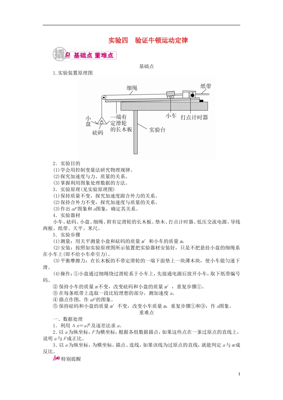 高考物理一轮复习 专题十二 实验与探究 考点一 力学实验 实验四 验证牛顿运动定律教学案（含解析）-人教版高三全册物理教学案_第1页