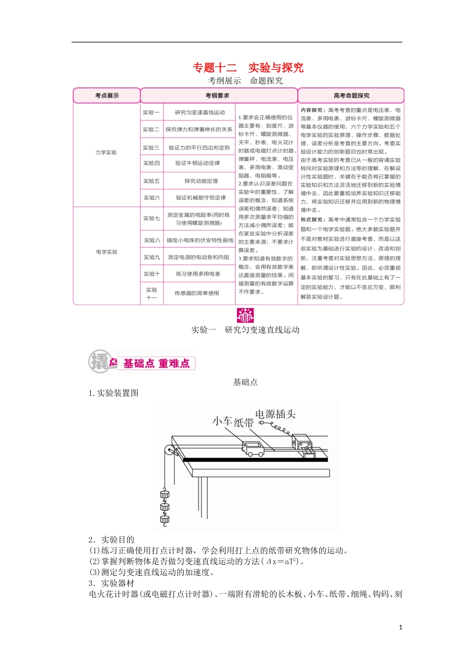 高考物理一轮复习 专题十二 实验与探究 考点一 力学实验 实验一 研究匀变速直线运动教学案（含解析）-人教版高三全册物理教学案_第1页