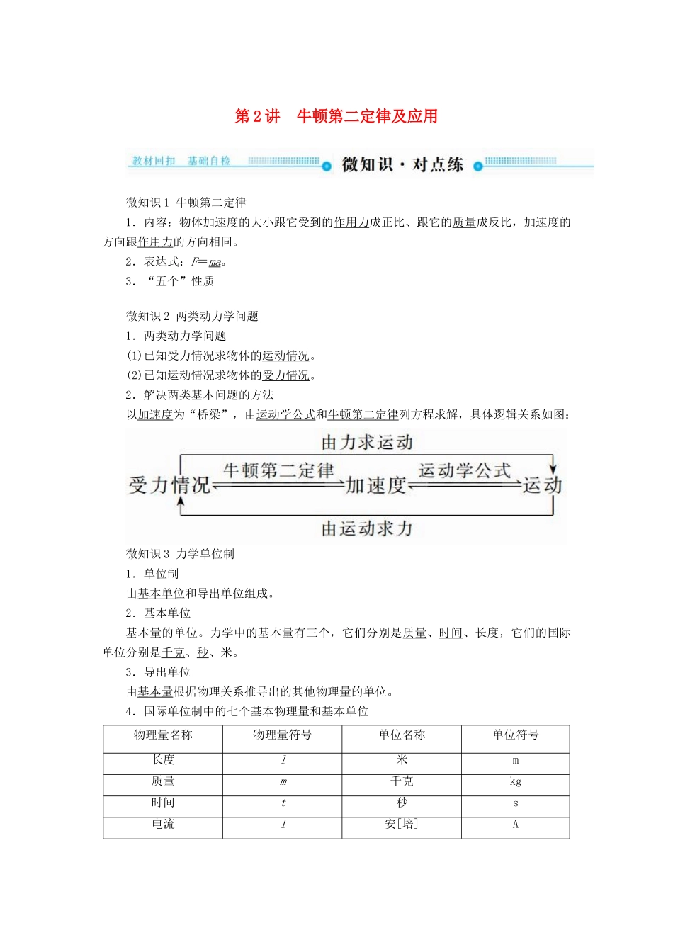 高考物理一轮复习 第三章 牛顿运动定律 第2讲 牛顿第二定律及应用学案-人教版高三全册物理学案_第1页