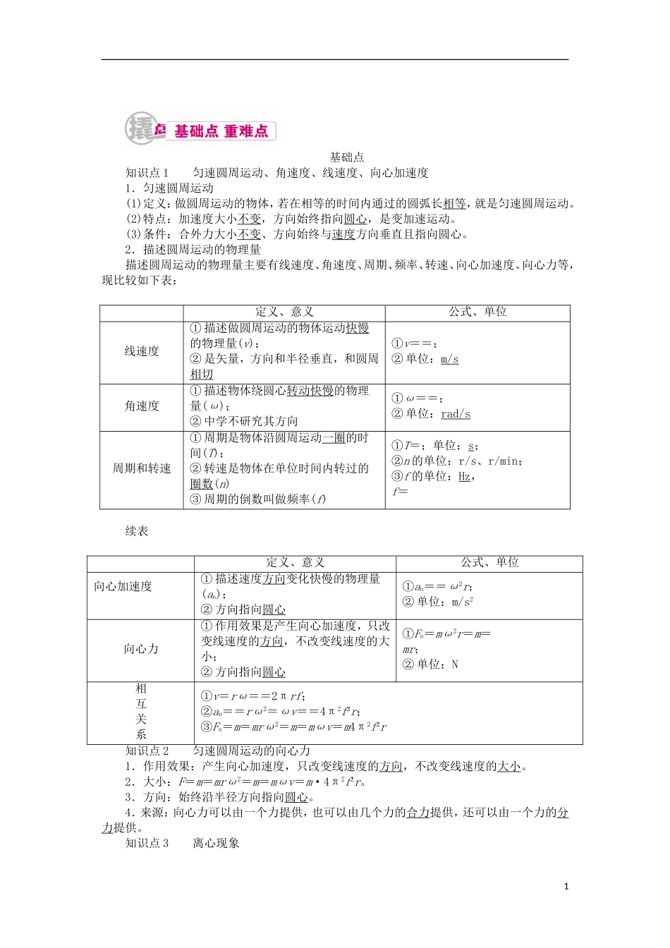 高考物理一轮复习 专题四 曲线运动 考点三 圆周运动教学案（含解析）-人教版高三全册物理教学案_第1页