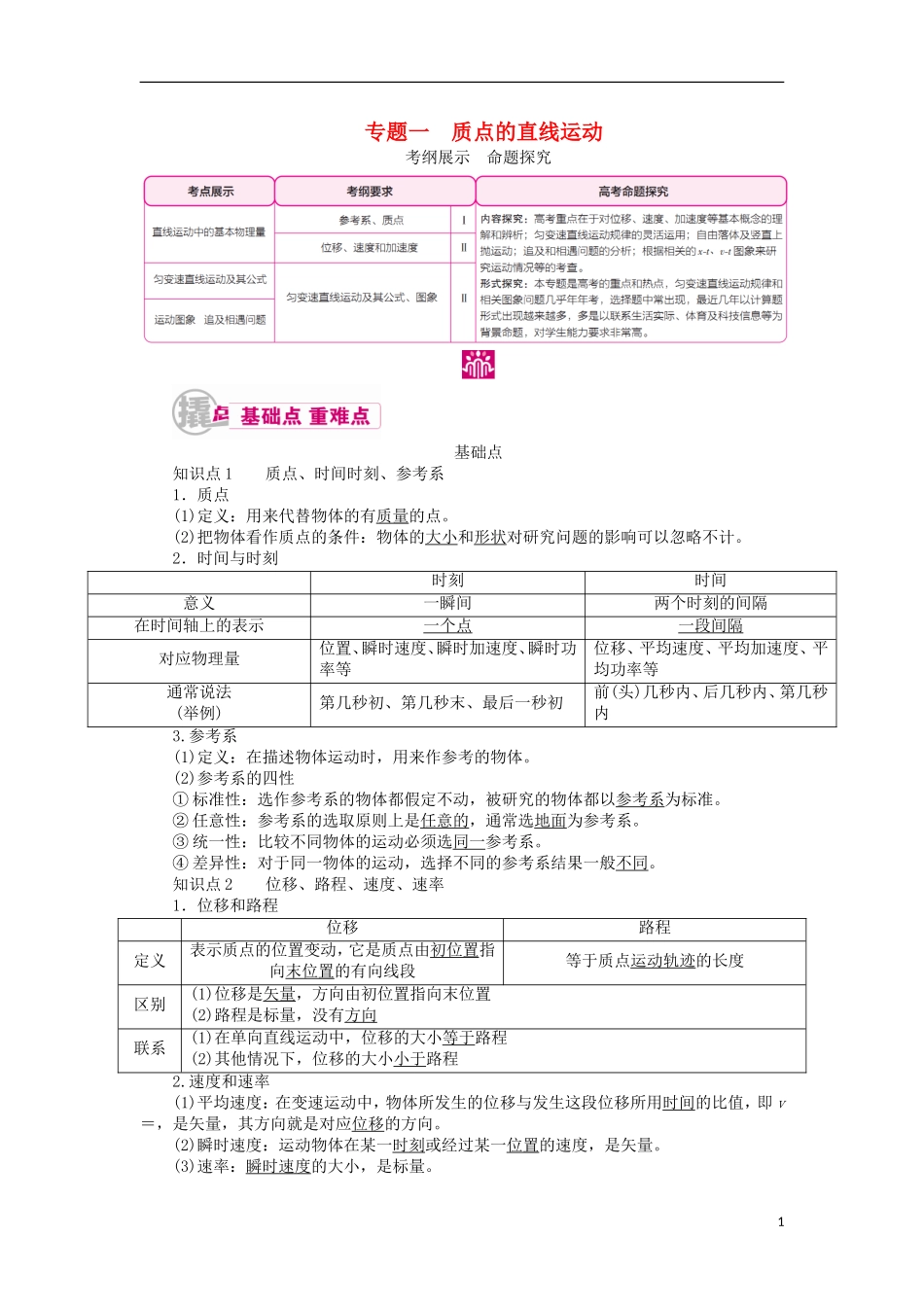 高考物理一轮复习 专题一 质点的直线运动 考点一 直线运动中的基本物理量教学案（含解析）-人教版高三全册物理教学案_第1页