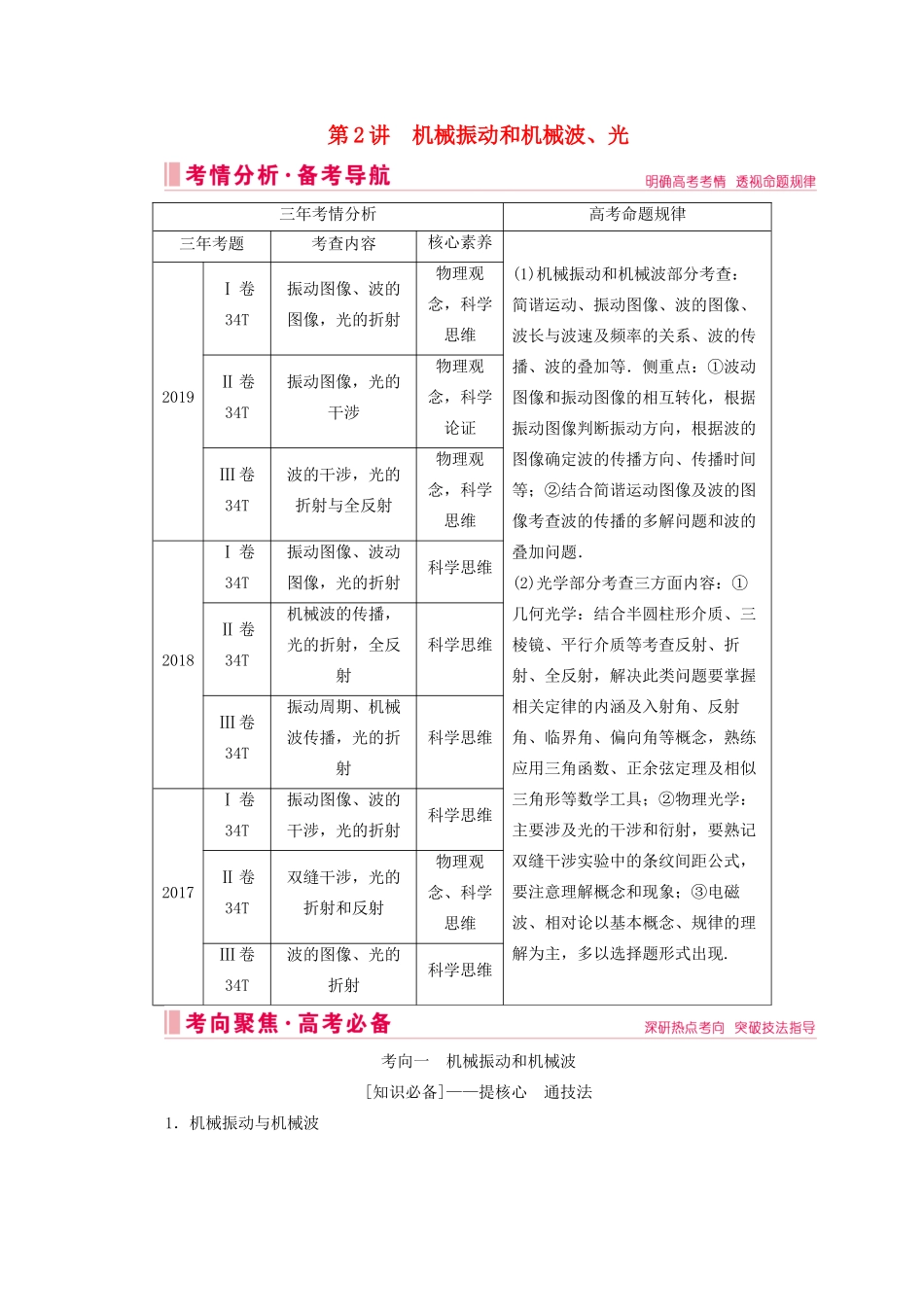 高考物理艺考生大二轮总复习 上篇 专题七 选修模块 第2讲 机械振动和机械波、光教学案-人教版高三选修物理教学案_第1页