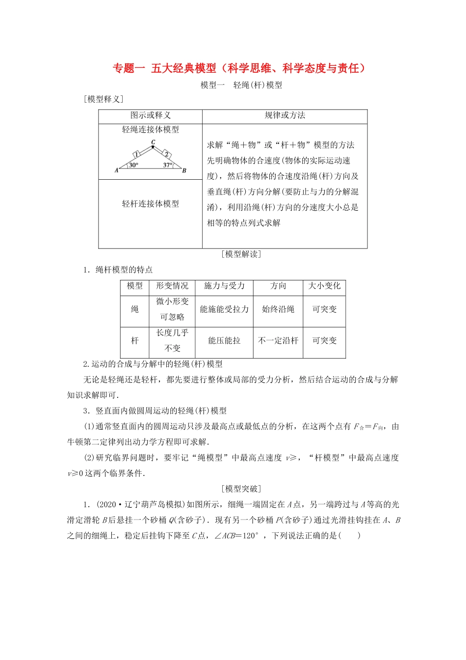 高考物理艺考生大二轮总复习 下篇 专题一 五大经典模型（科学思维、科学态度与责任）教学案-人教版高三全册物理教学案_第1页