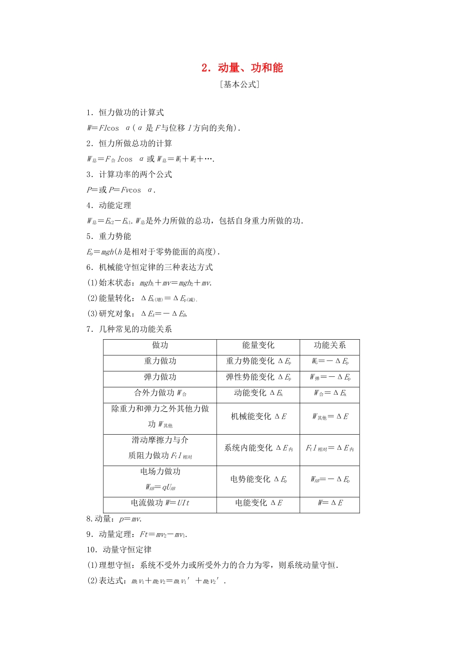 高考物理总复习 提分策略一 临考必记2 动量、功和能学案-人教版高三全册物理学案_第1页