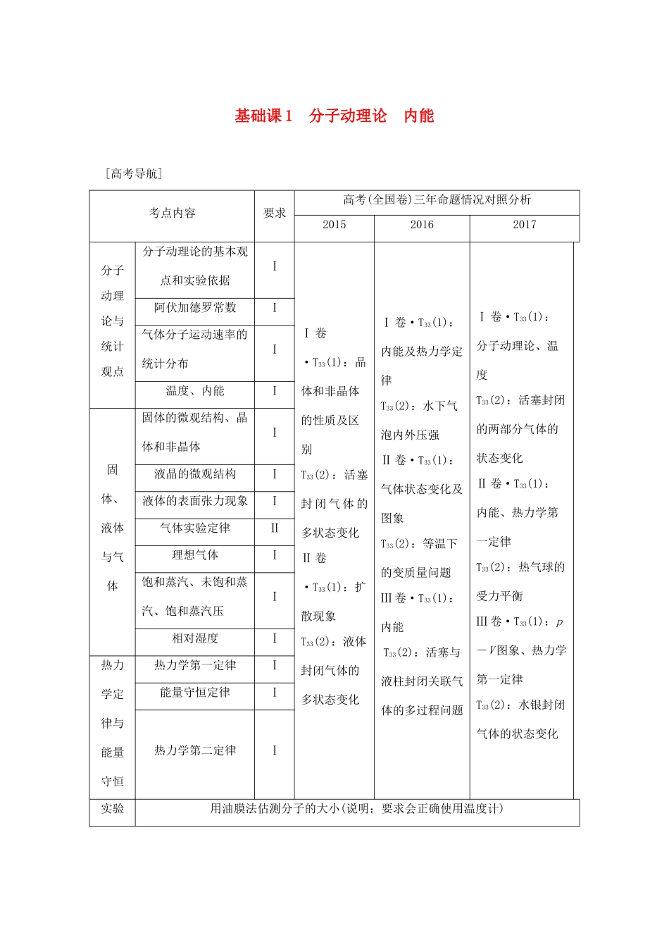 高考物理总复习 选考部分 热学 基础课1 分子动理论 内能学案-人教版高三全册物理学案_第1页
