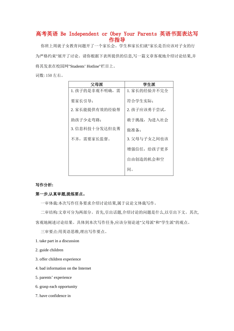 高考英语 Be Independent or Obey Your Parents 英语书面表达写作指导_第1页