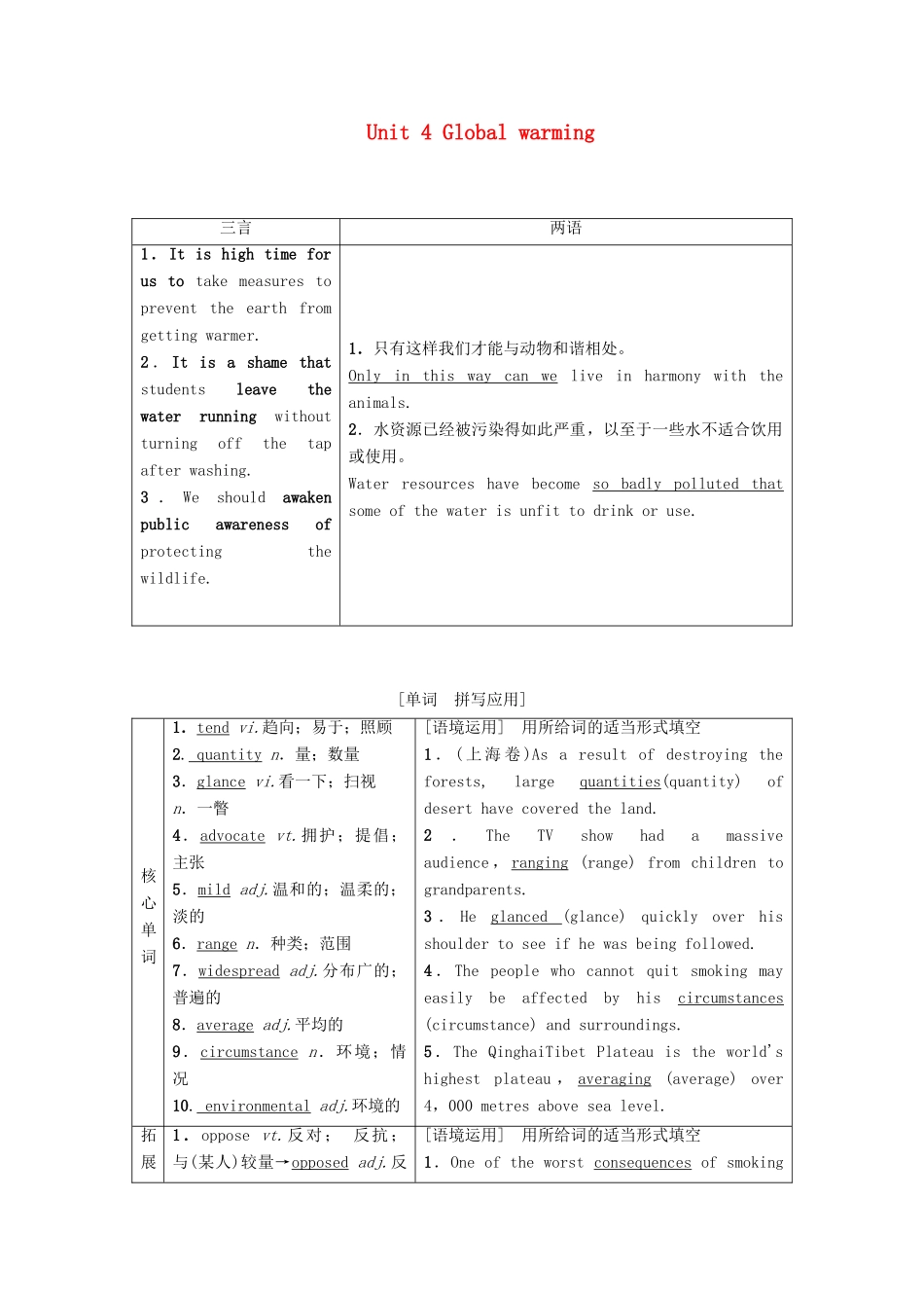 高考英语一轮复习 Unit 4 Global warming教学案 新人教版选修6-新人教版高三选修6英语教学案_第1页
