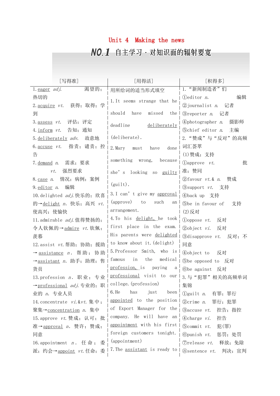 高考英语一轮复习 Unit 4 Making the news导学案 新人教版必修5-新人教版高三必修5英语学案_第1页