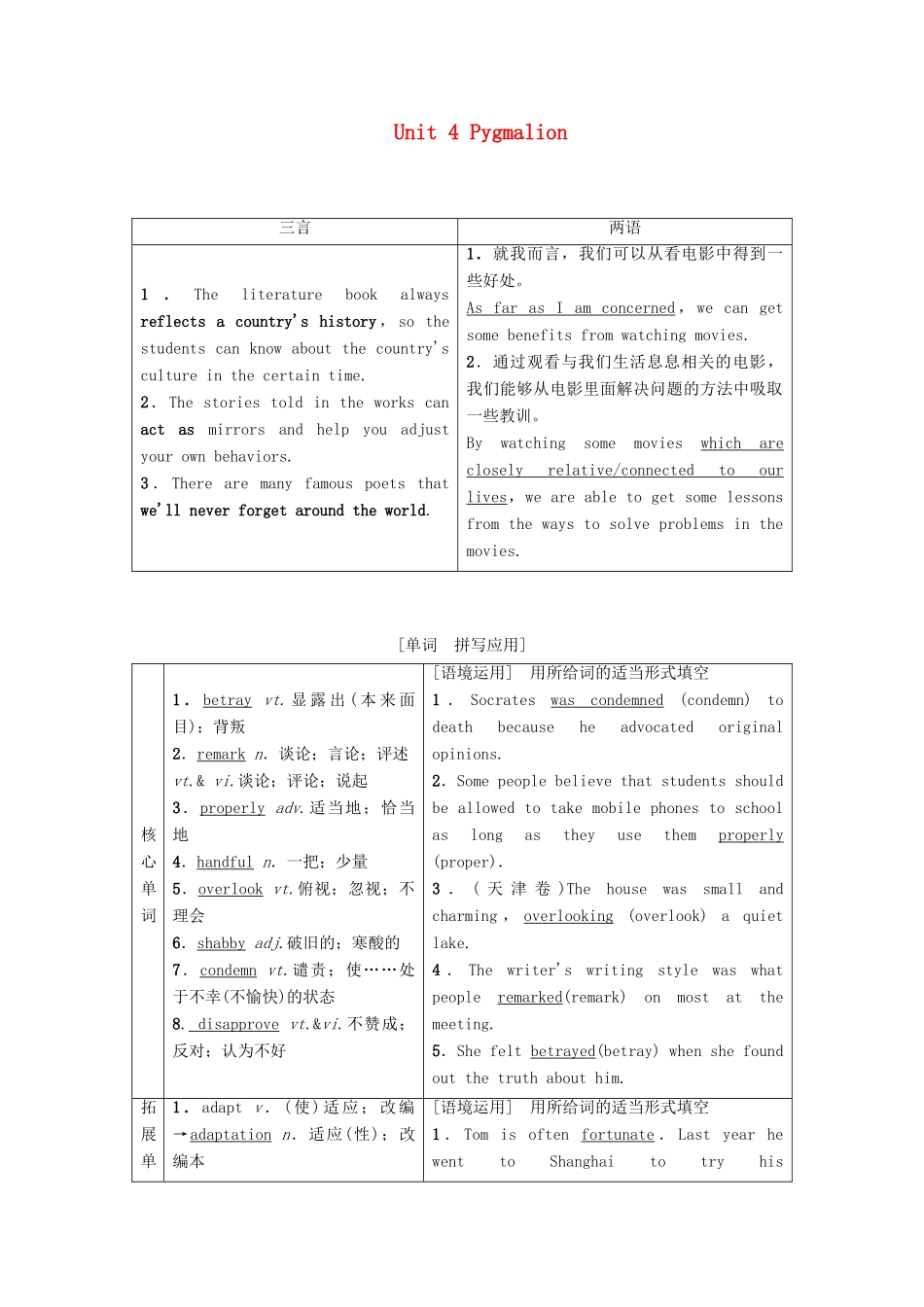 高考英语一轮复习 Unit 4 Pygmalion教学案 新人教版选修8-新人教版高三选修8英语教学案_第1页