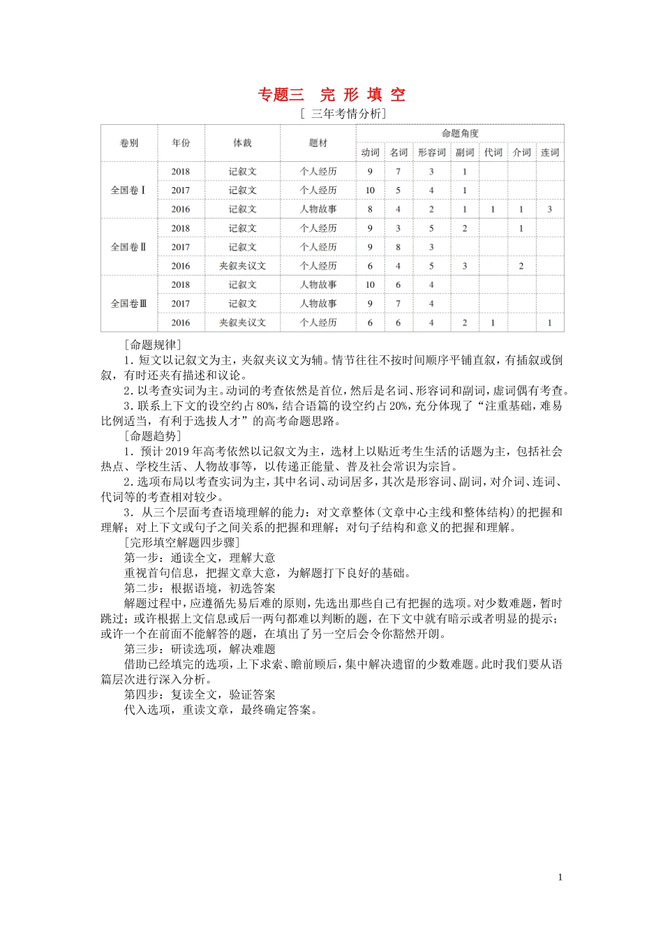 高考英语二轮复习 第2板块 专题3 完形填空学案（含解析）-人教版高三全册英语学案_第1页