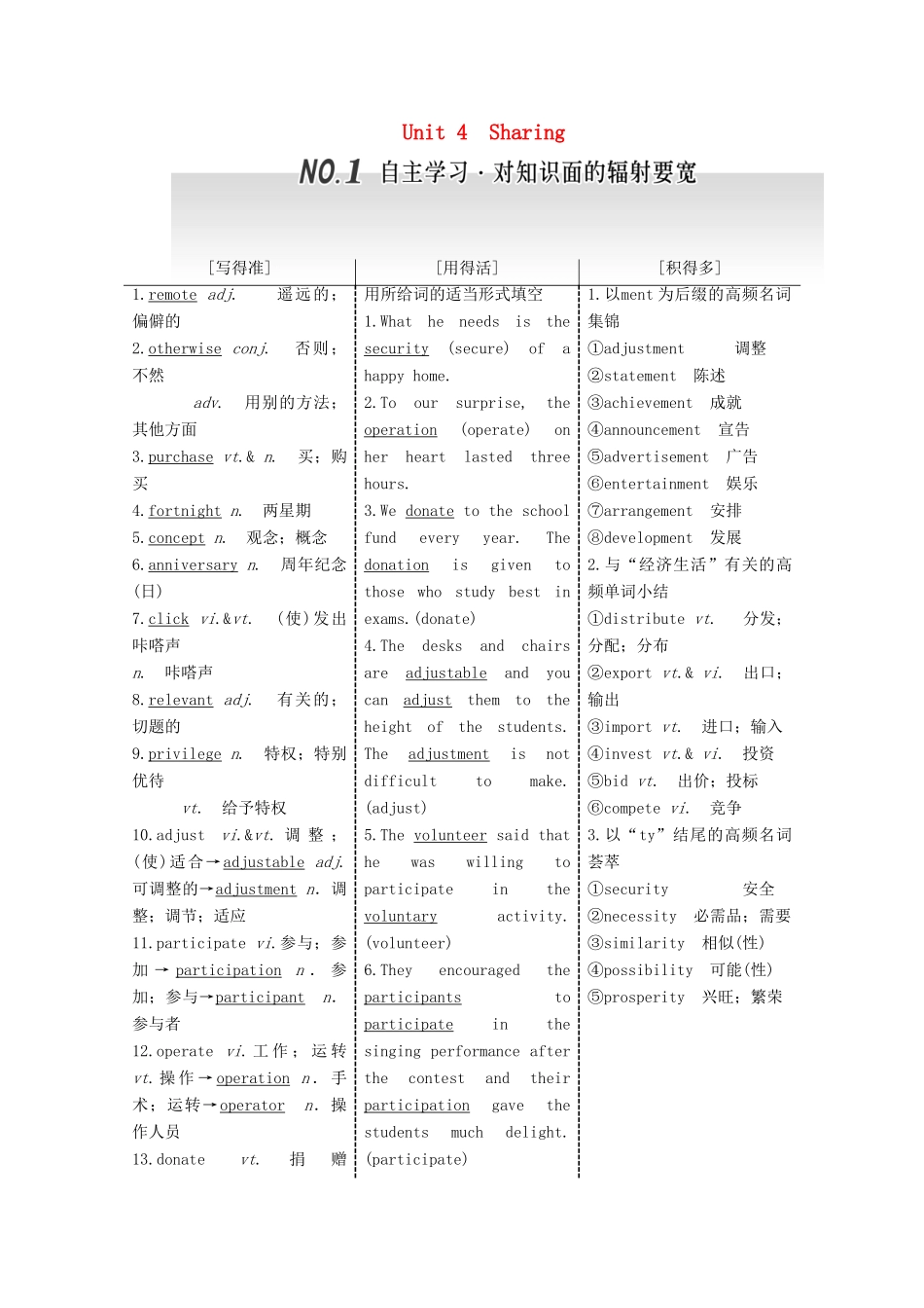 高考英语一轮复习 Unit 4 Sharing导学案 新人教版选修7-新人教版高三选修7英语学案_第1页
